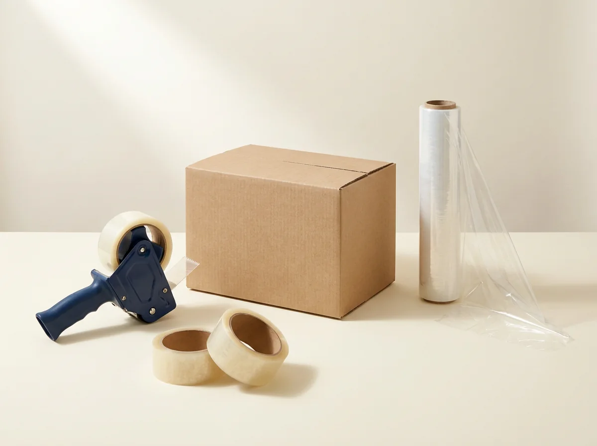 A kraft shipping box, tape dispenser, packing tapes and stretch film for bulk purchases