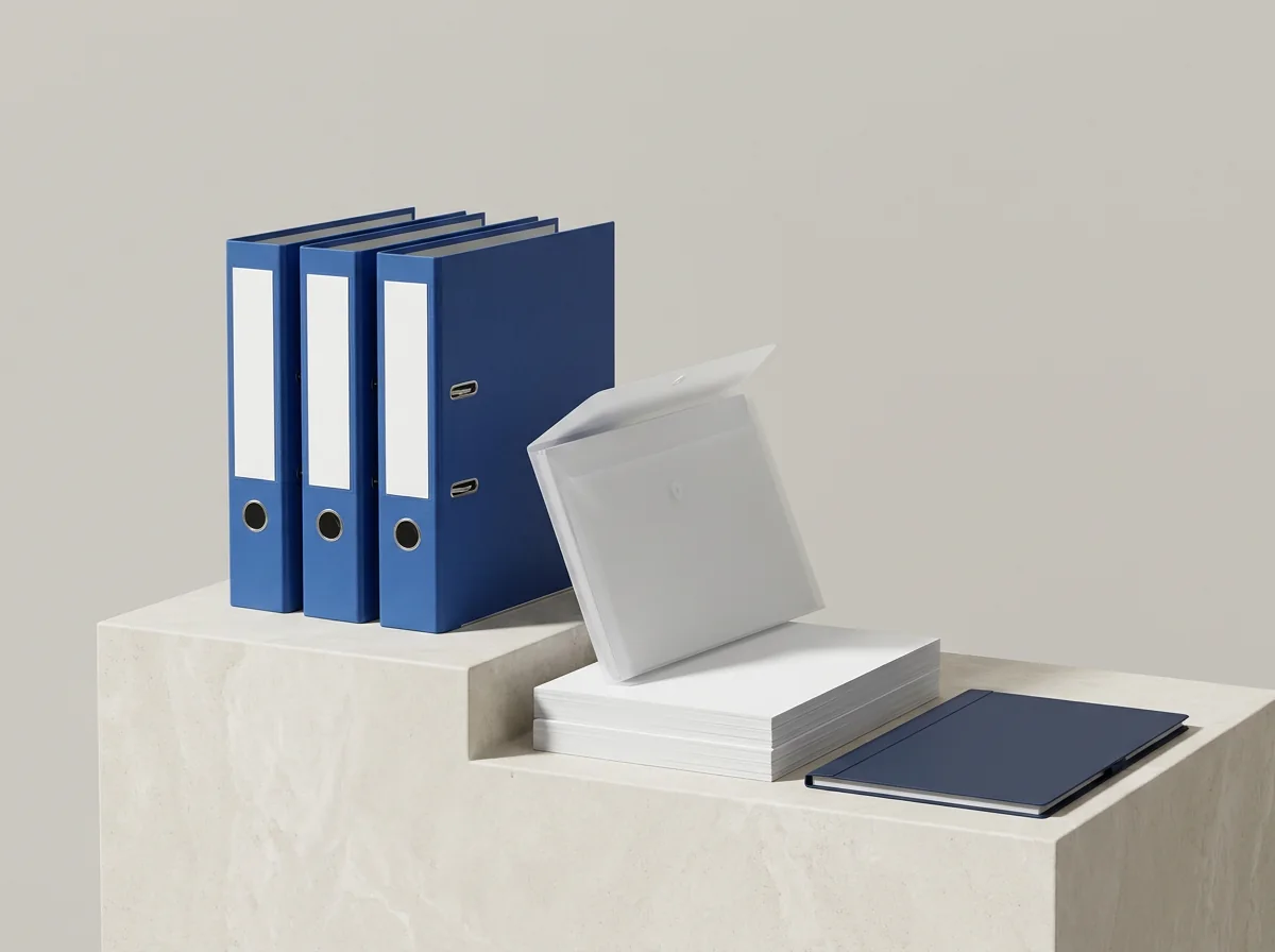 Blue lever arch files, a clear document folder, A4 paper and a navy notebook on a stone block