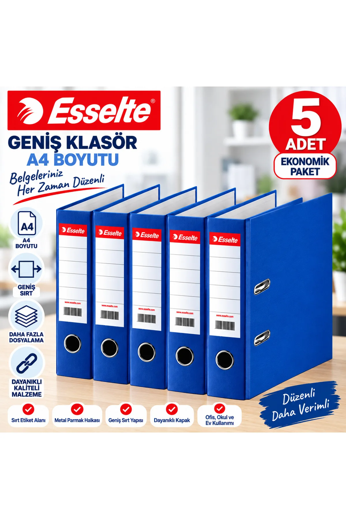 Esselte Mavi Geniş Klasör A4 5’li Set