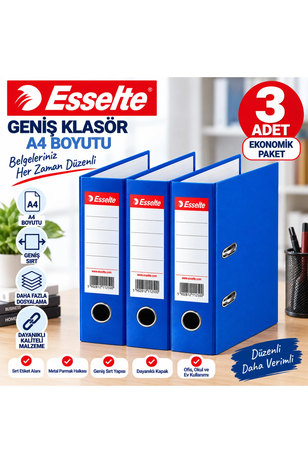 Esselte Mavi Geniş Klasör A4 3’lü Set