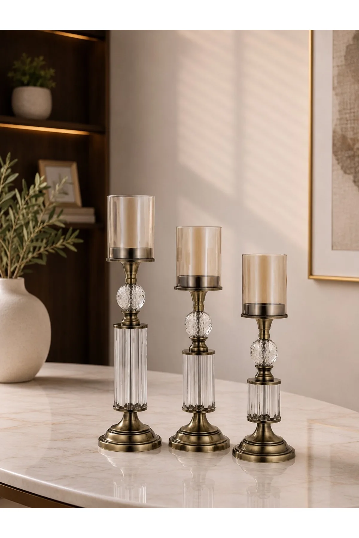 Kristal ve Cam Detaylı Metal Şamdan Eskitme