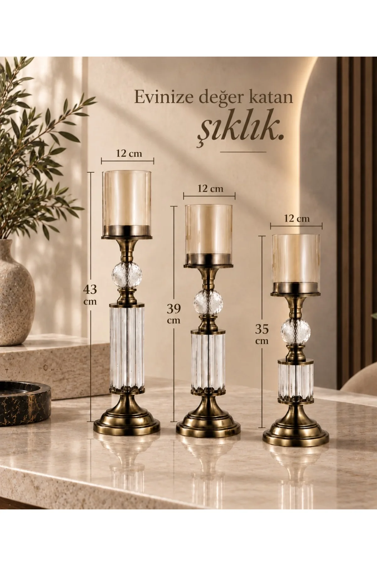 Kristal ve Cam Detaylı Metal Şamdan Eskitme