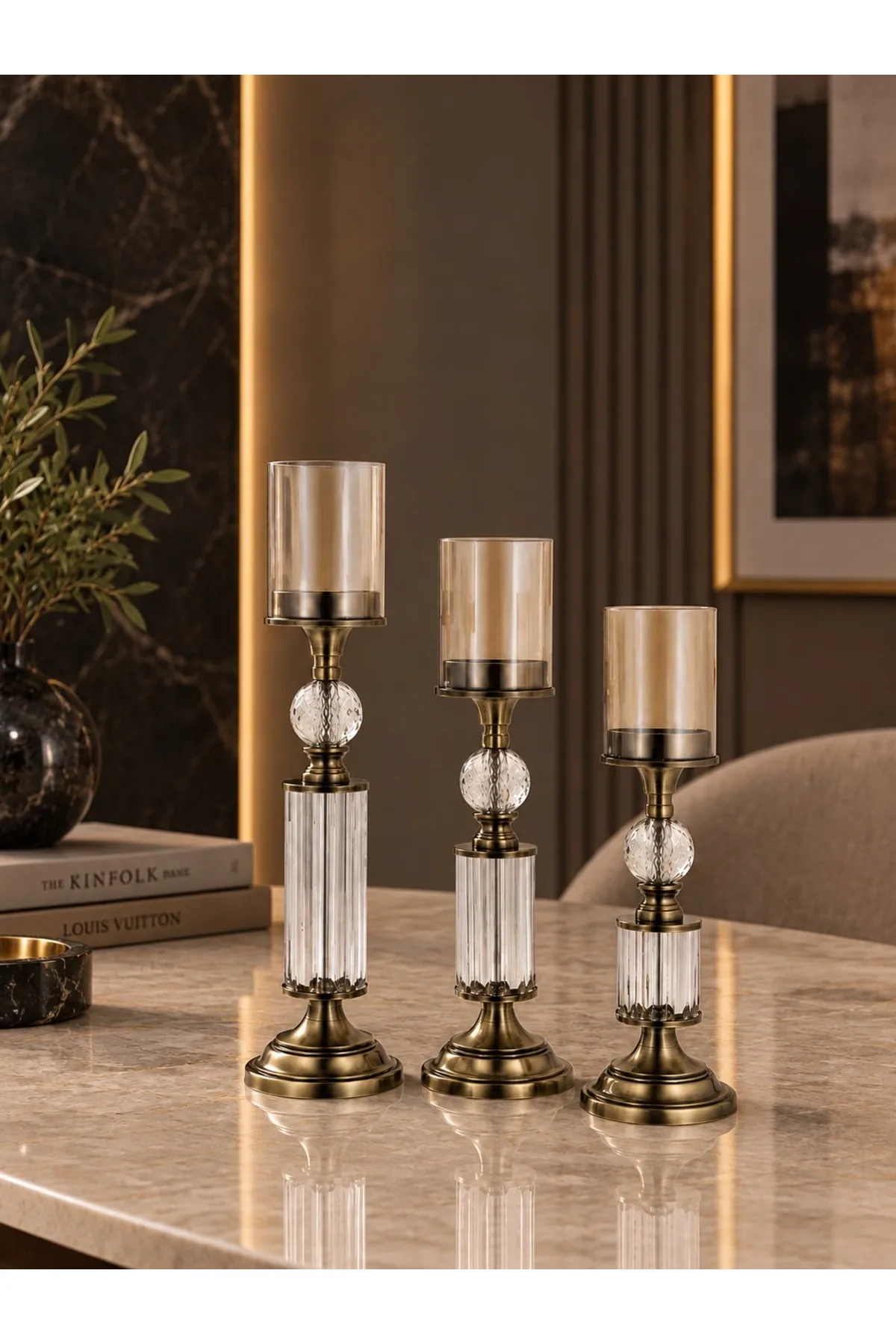 Kristal ve Cam Detaylı Metal Şamdan Eskitme