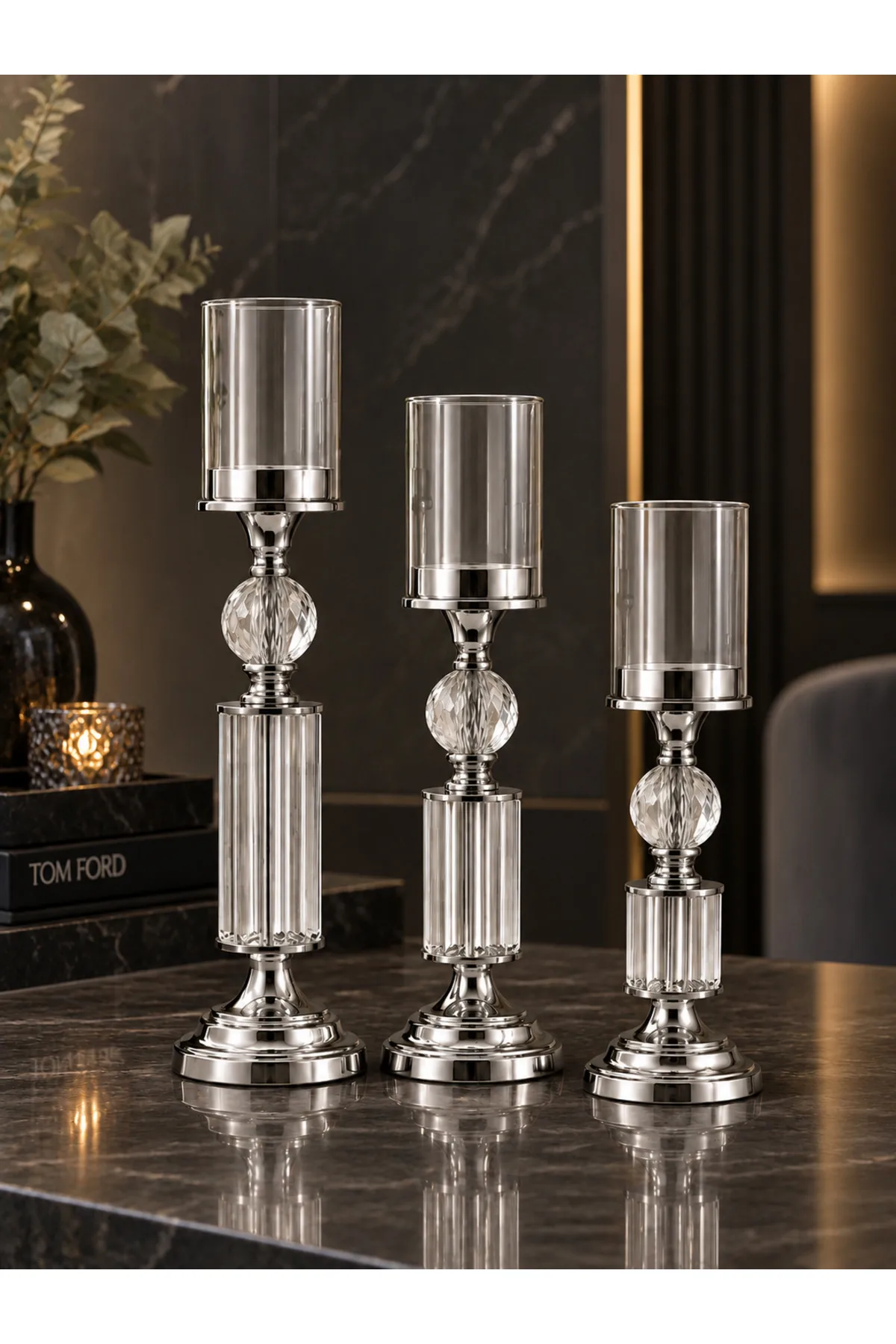 Kristal ve Cam Detaylı Metal Şamdan Krom