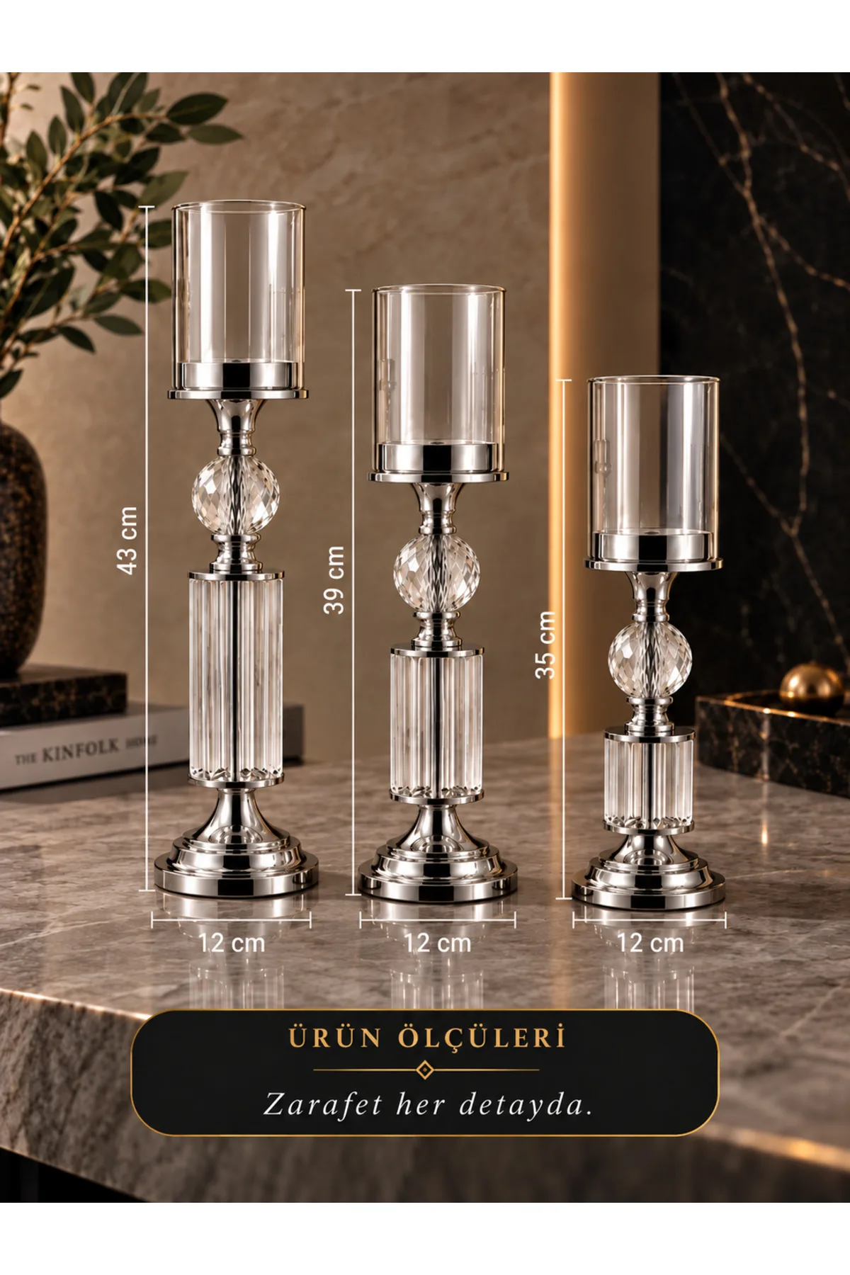 Kristal ve Cam Detaylı Metal Şamdan Krom