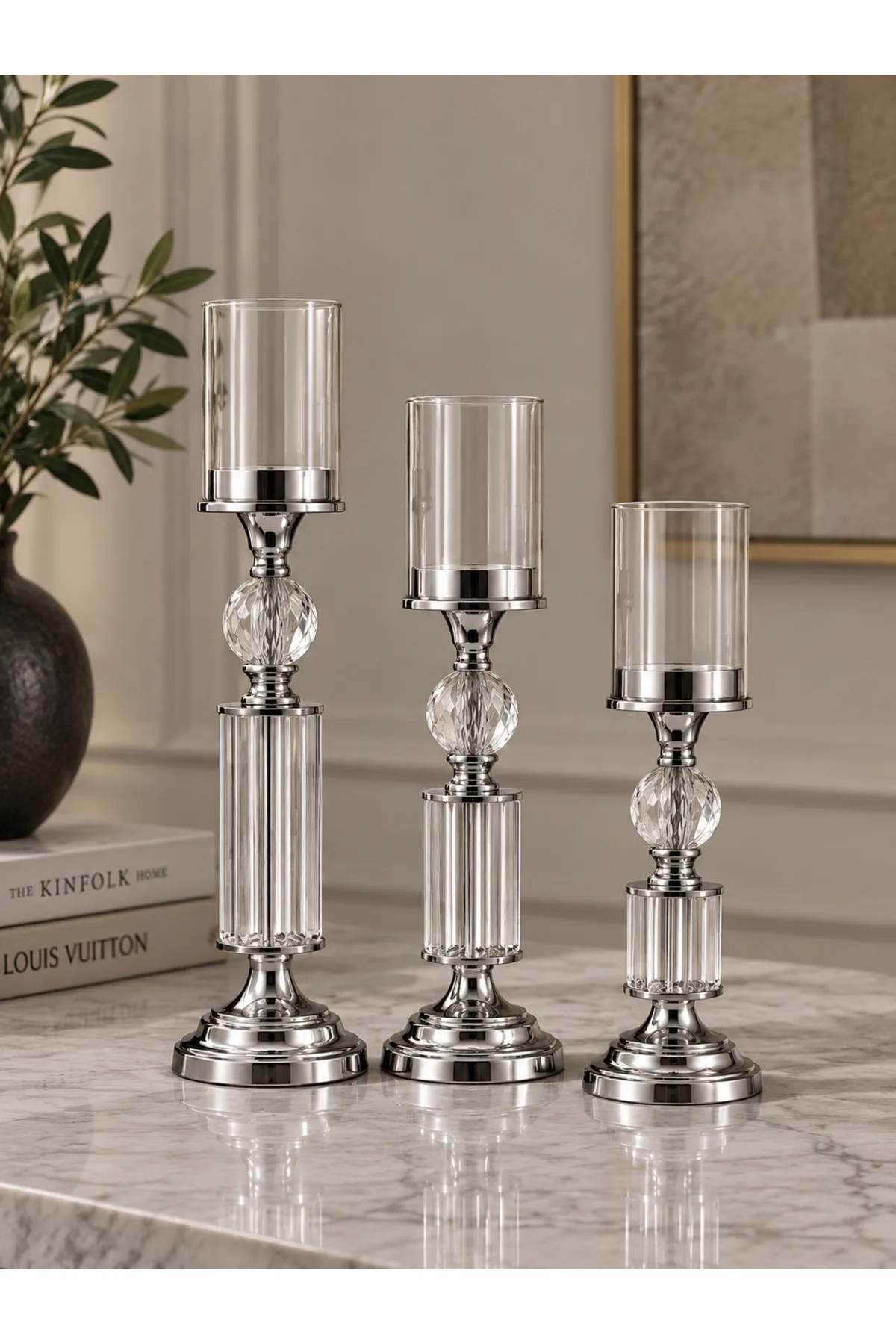 Kristal ve Cam Detaylı Metal Şamdan Krom