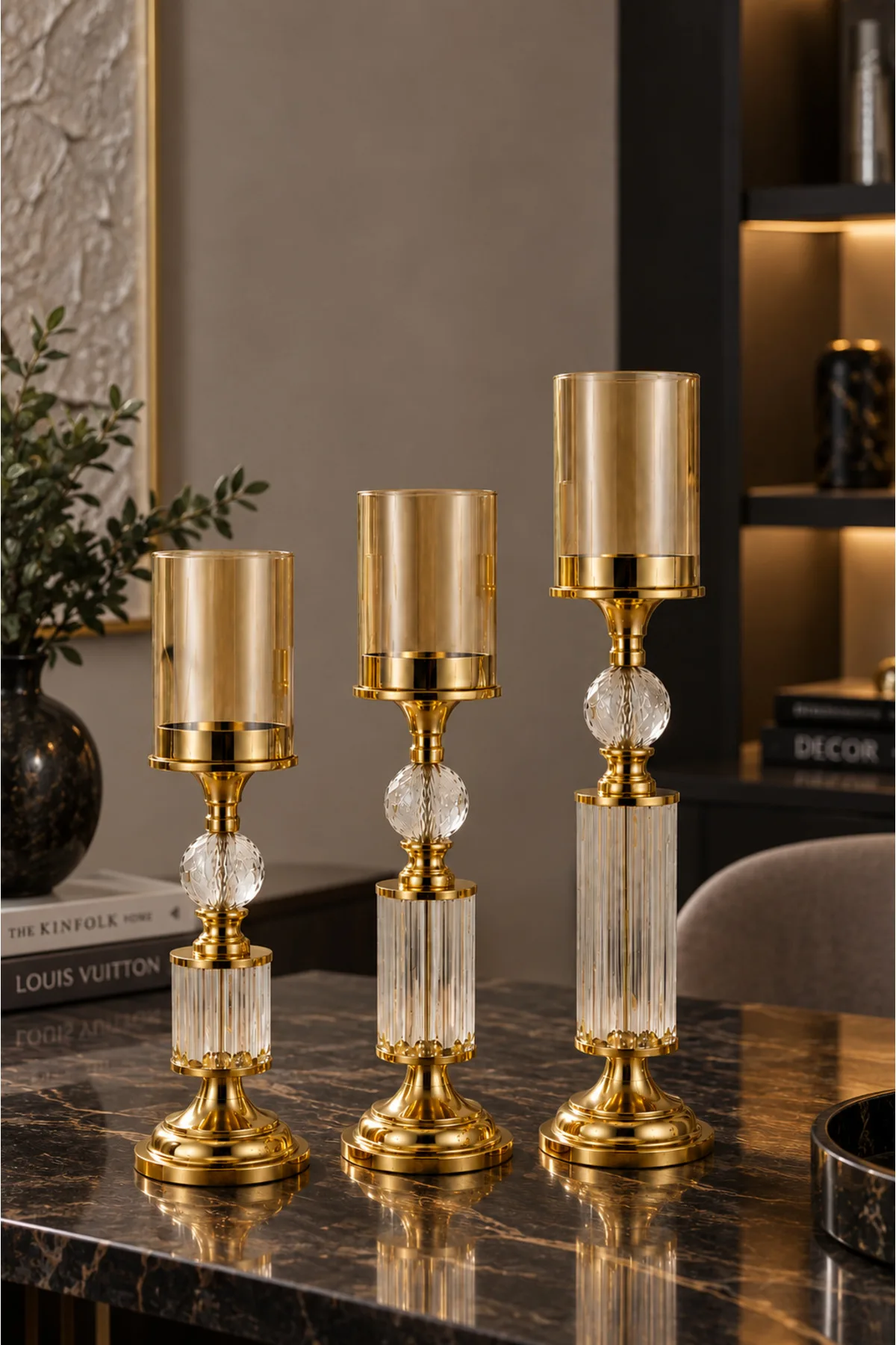 Kristal ve Cam Detaylı Metal Şamdan Sarı