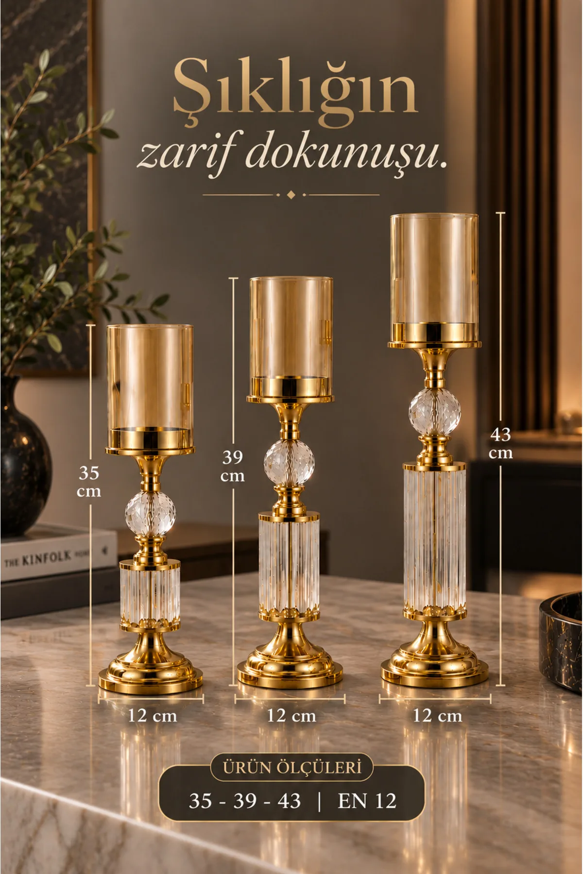 Kristal ve Cam Detaylı Metal Şamdan Sarı