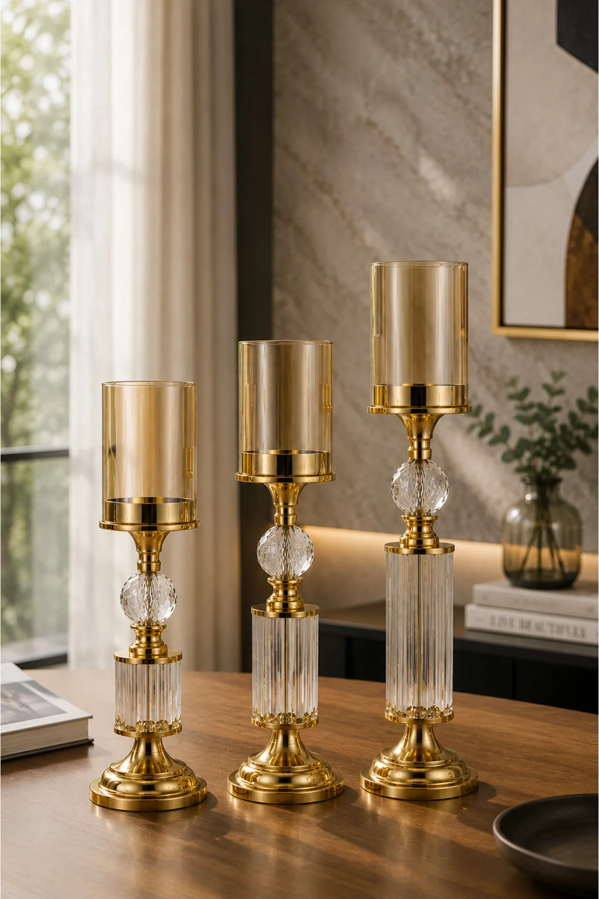 Kristal ve Cam Detaylı Metal Şamdan Sarı