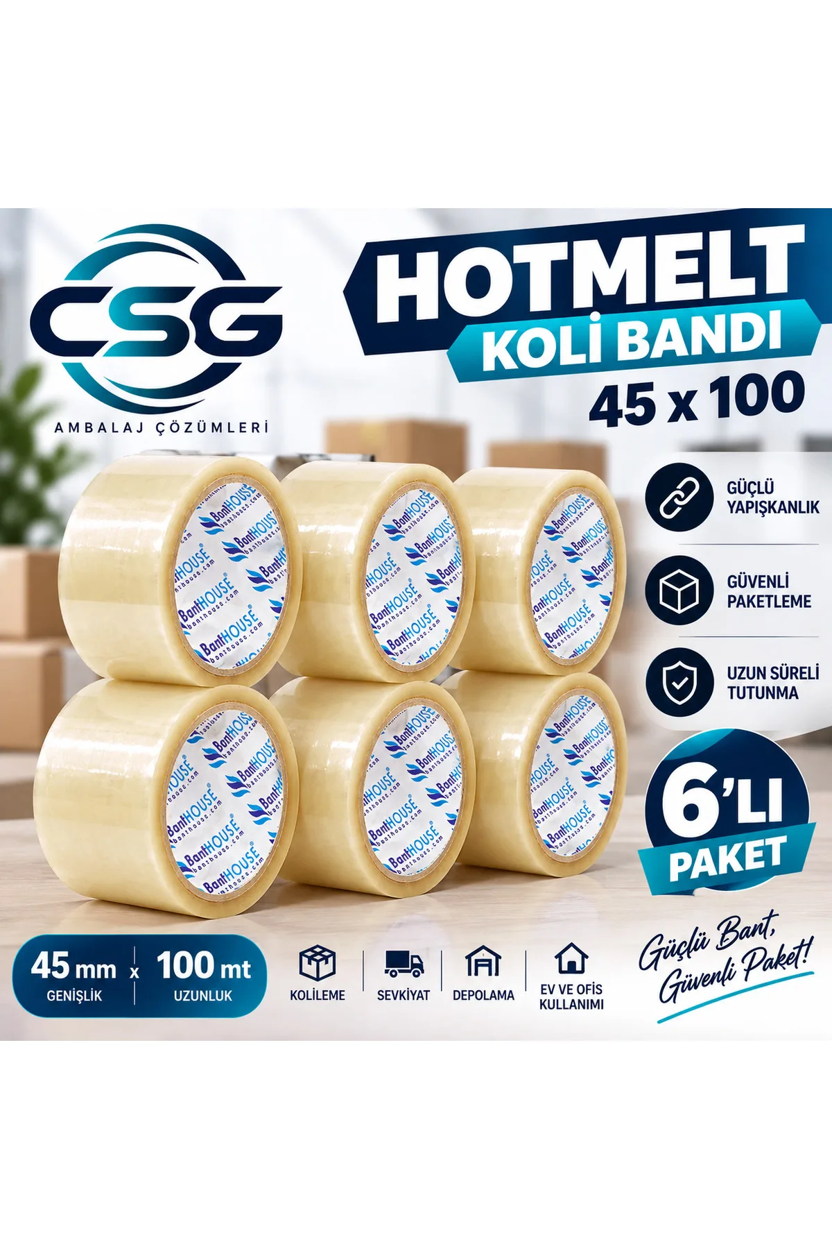 Hotmelt 45 mm x 100 m Clear Packing Tape – Pack of 6, Strong Adhesive