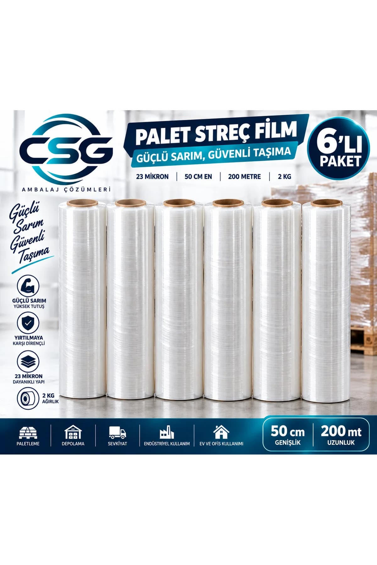 Palet Streç Film 50 cm 200 Metre 23 Mikron 2 KG Şeffaf – 6’lı Paket
