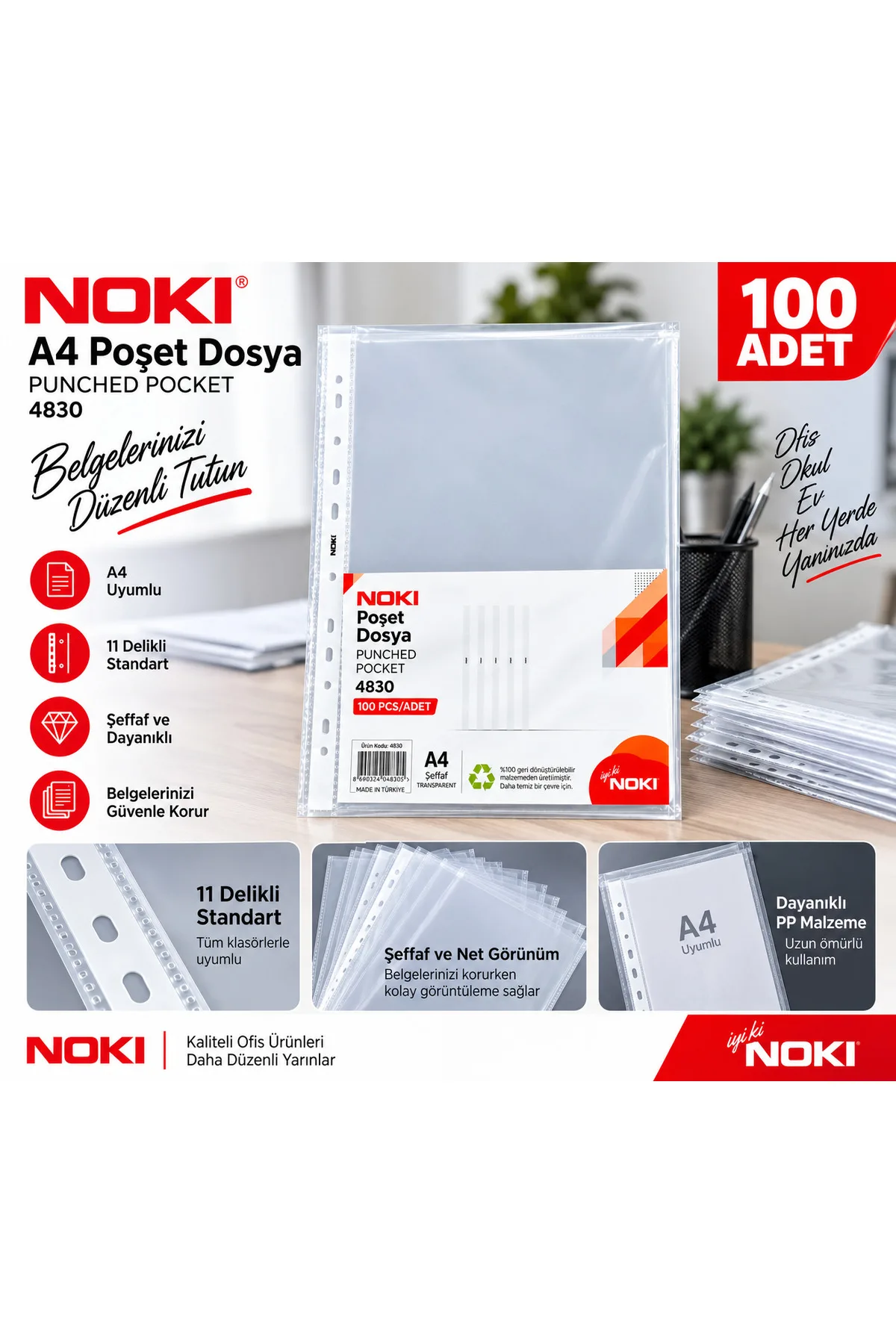 Noki 4830 A4 Poşet Dosya 100’lü – 11 Delikli Şeffaf Evrak Koruyucu Dosya