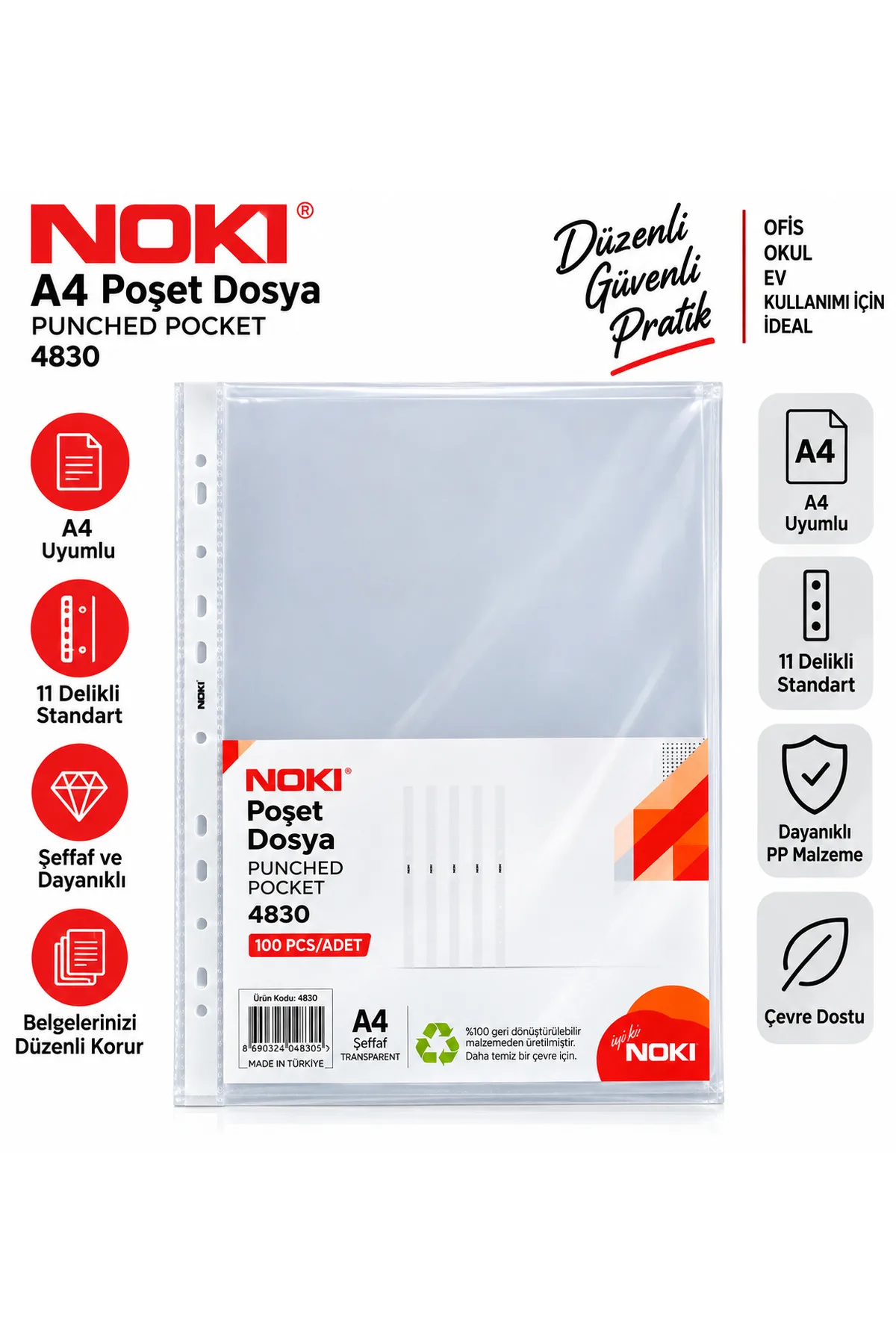 Noki 4830 A4 Poşet Dosya 100’lü – 11 Delikli Şeffaf Evrak Koruyucu Dosya