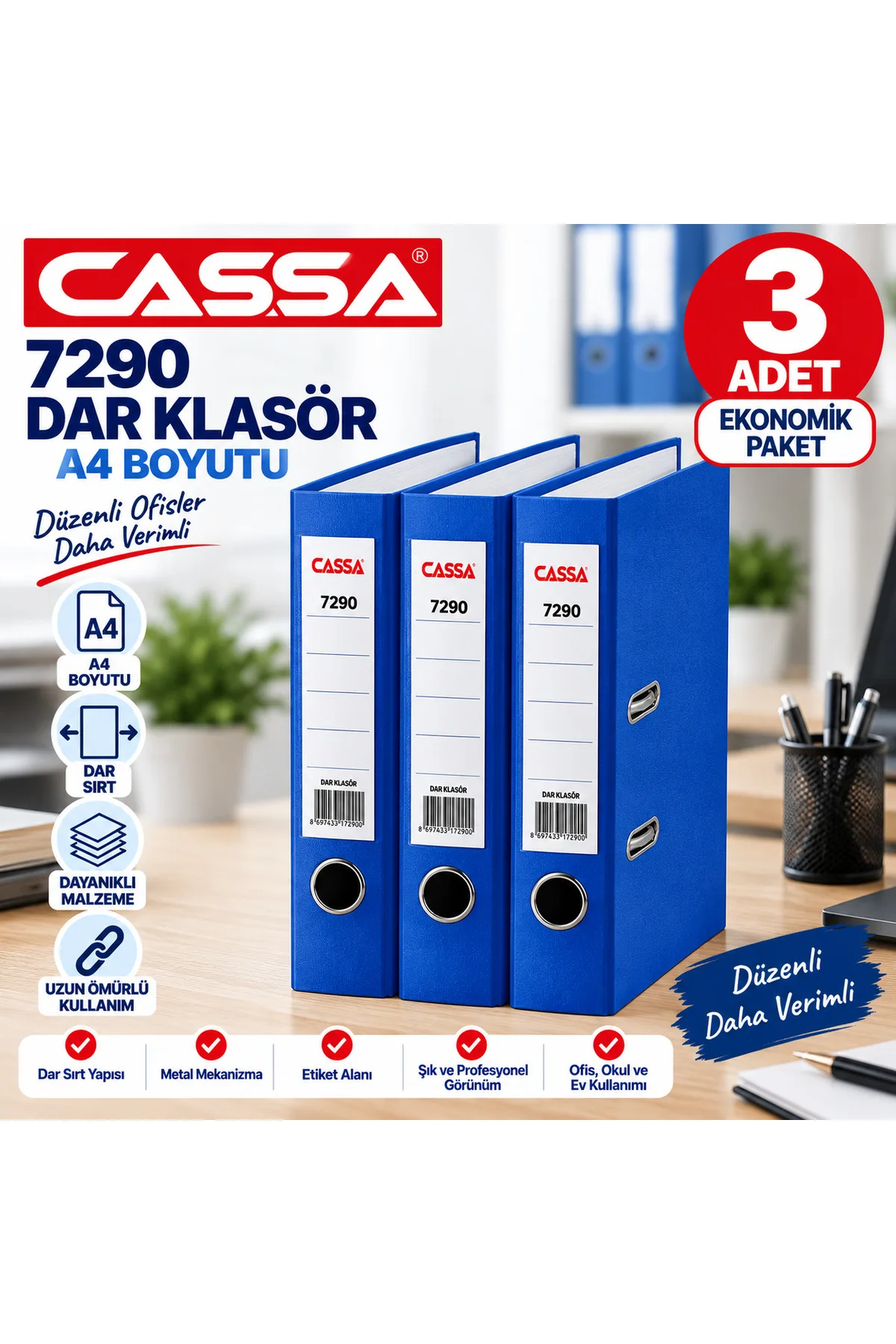 Cassa 7290 Mavi Dar Klasör A4 3’lü Set
