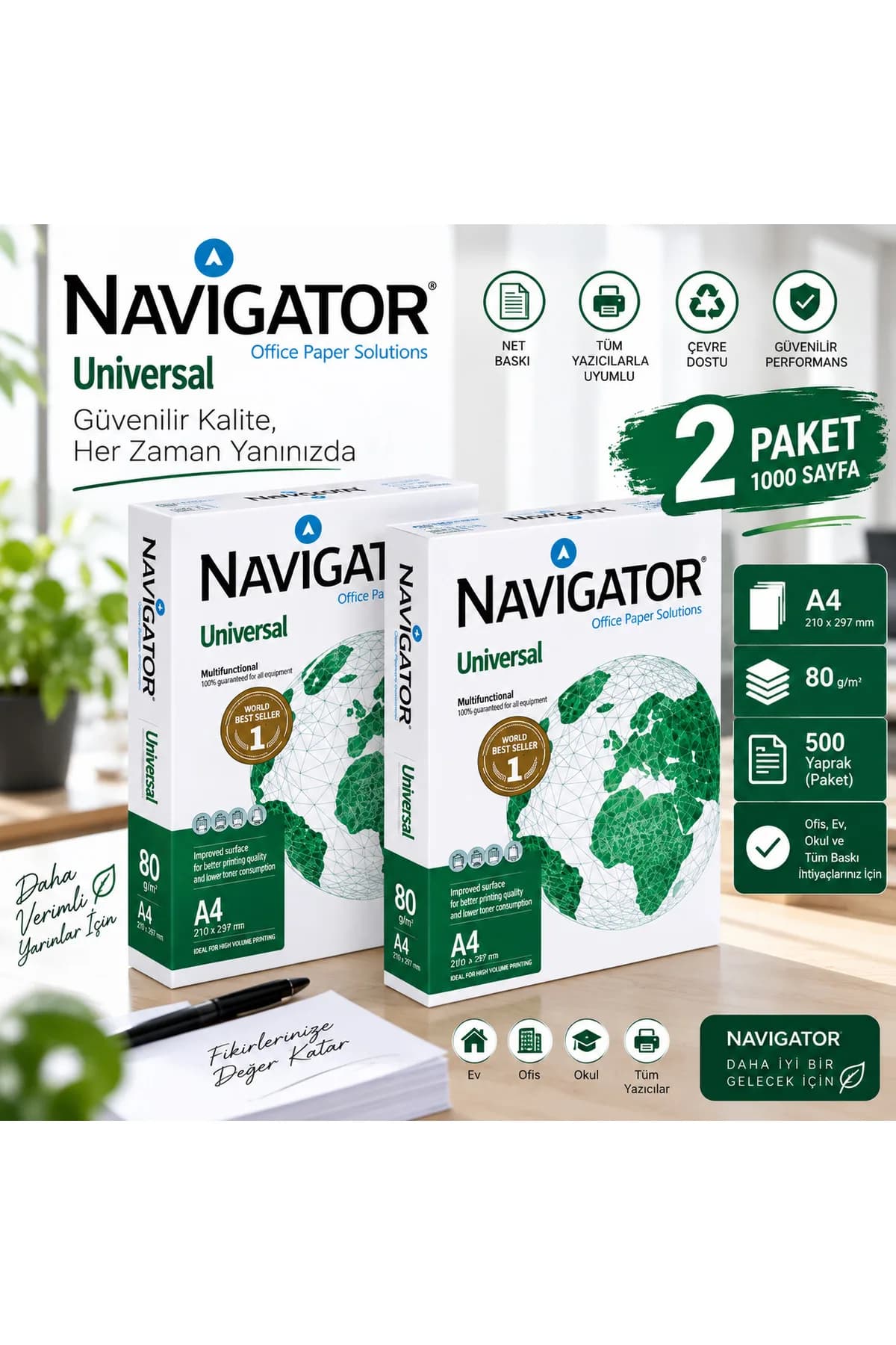 Navigator Universal A4 Fotokopi Kağıdı 80 Gr – 2 Paket 1000 Yaprak – Yazıcı ve Fotokopi Uyumlu