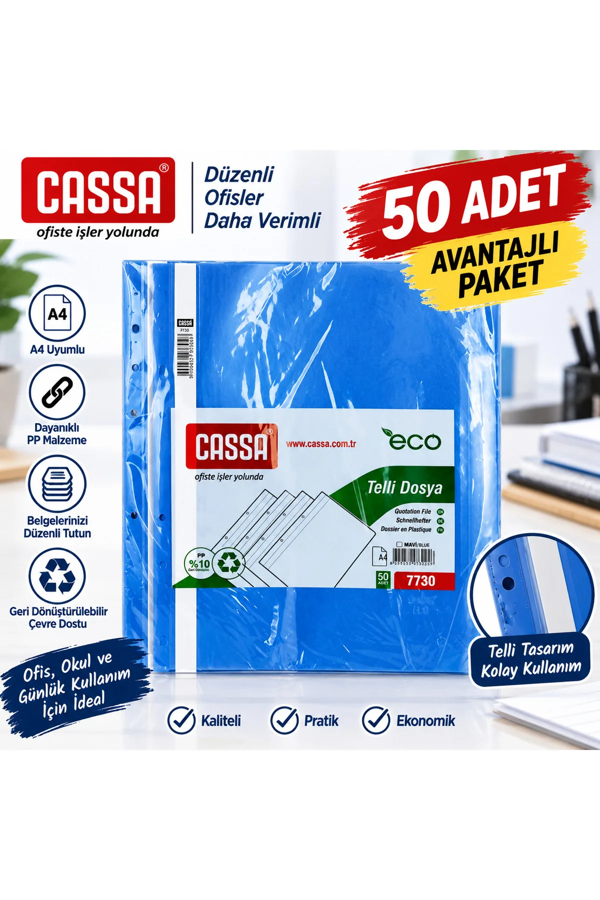 Cassa 7730 A4 Mavi Telli Dosya 50’li Paket – Dayanıklı PP Dosya