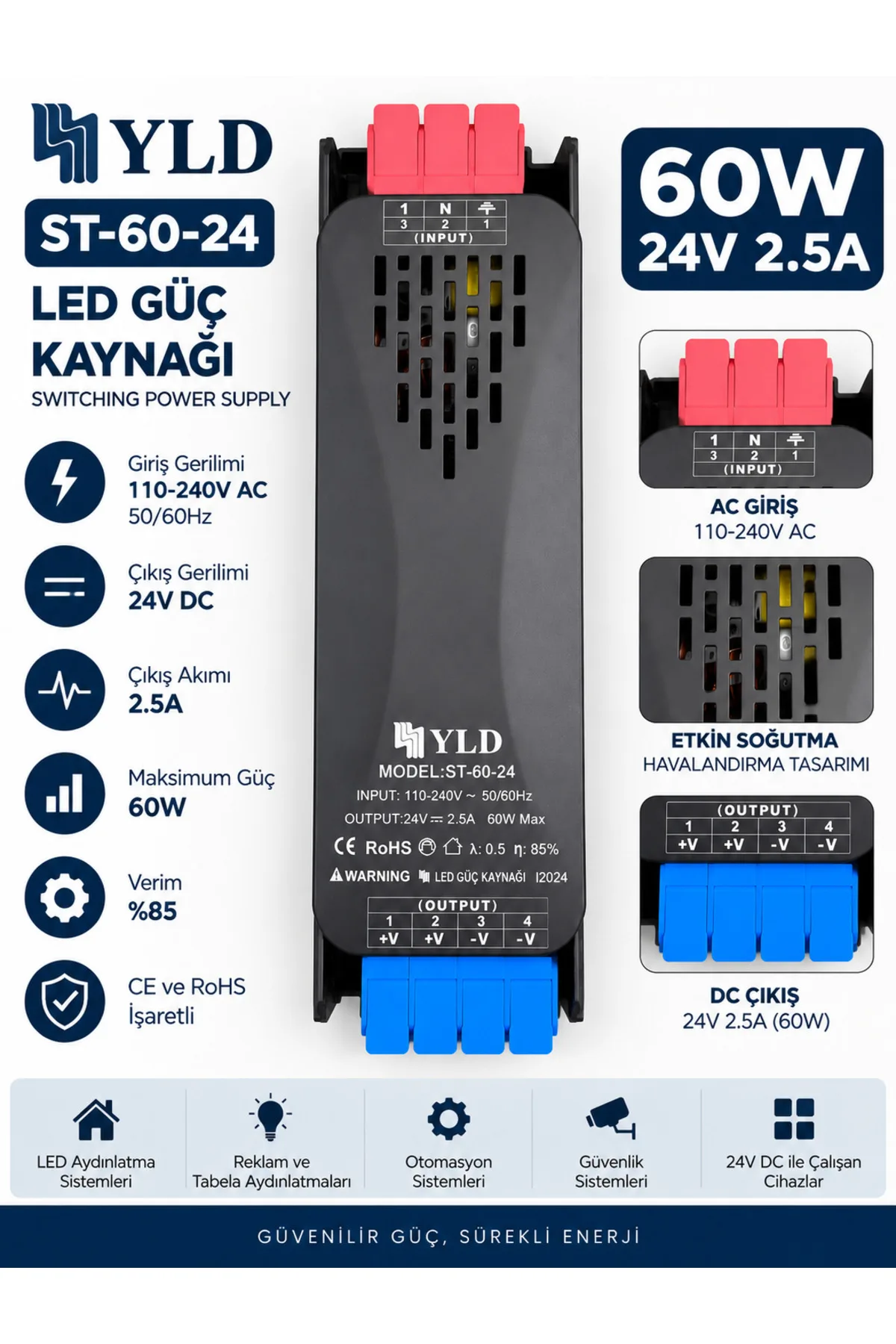 YLD ST-60-24 60W 24V 2.5A Slim LED Güç Kaynağı(LED TRAFOSU) – Switching Power Supply