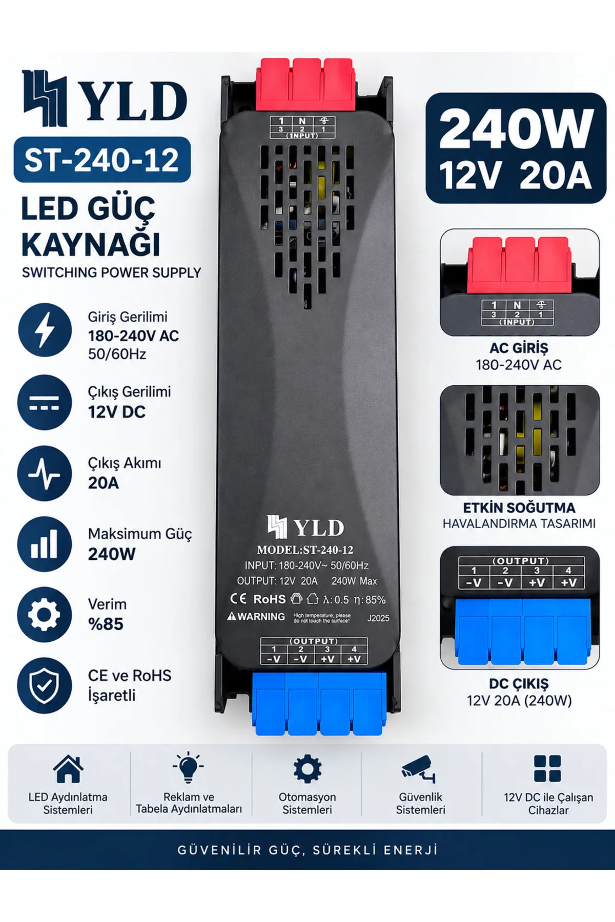 YLD ST-240-12 240W 12V 20A Slim LED Güç Kaynağı(LED TRAFOSU) – Switching Power Supply
