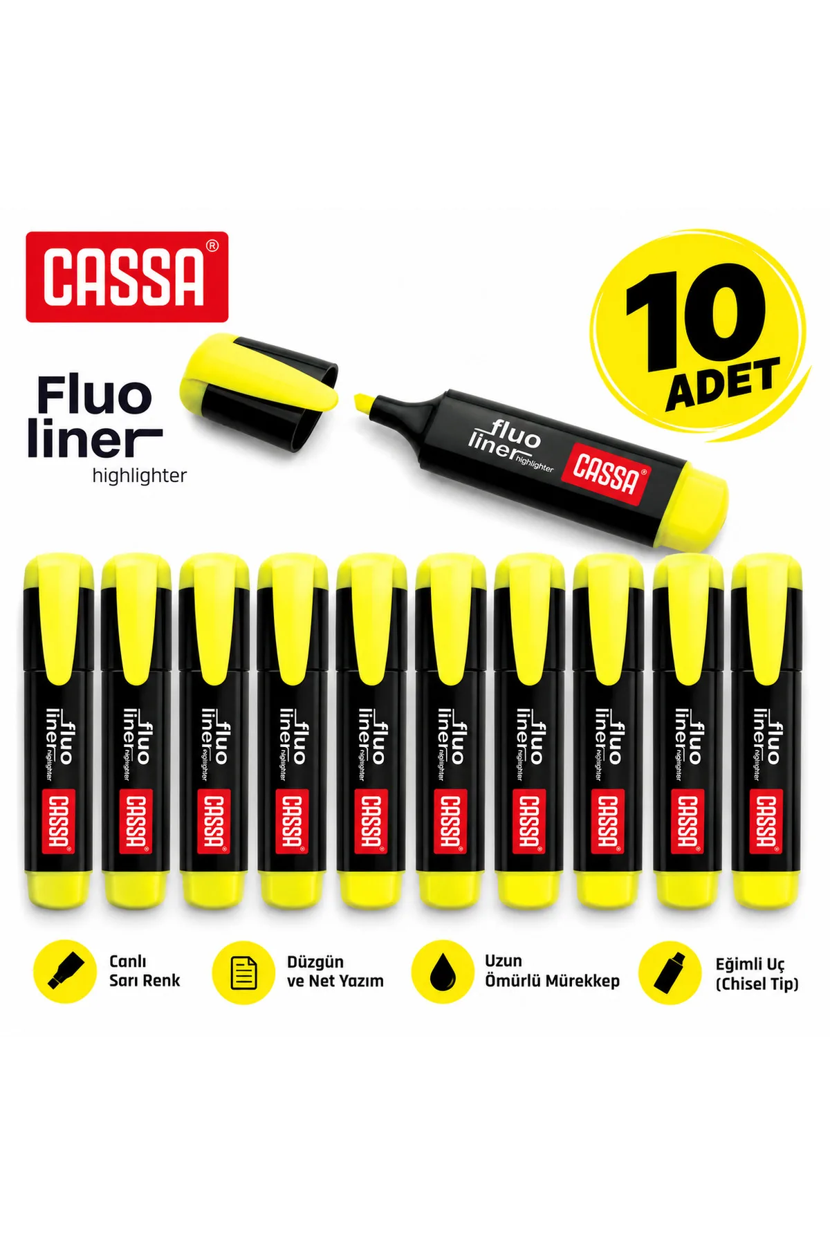 Cassa Fluo Liner Yellow Highlighter – Set of 10, Vivid Color