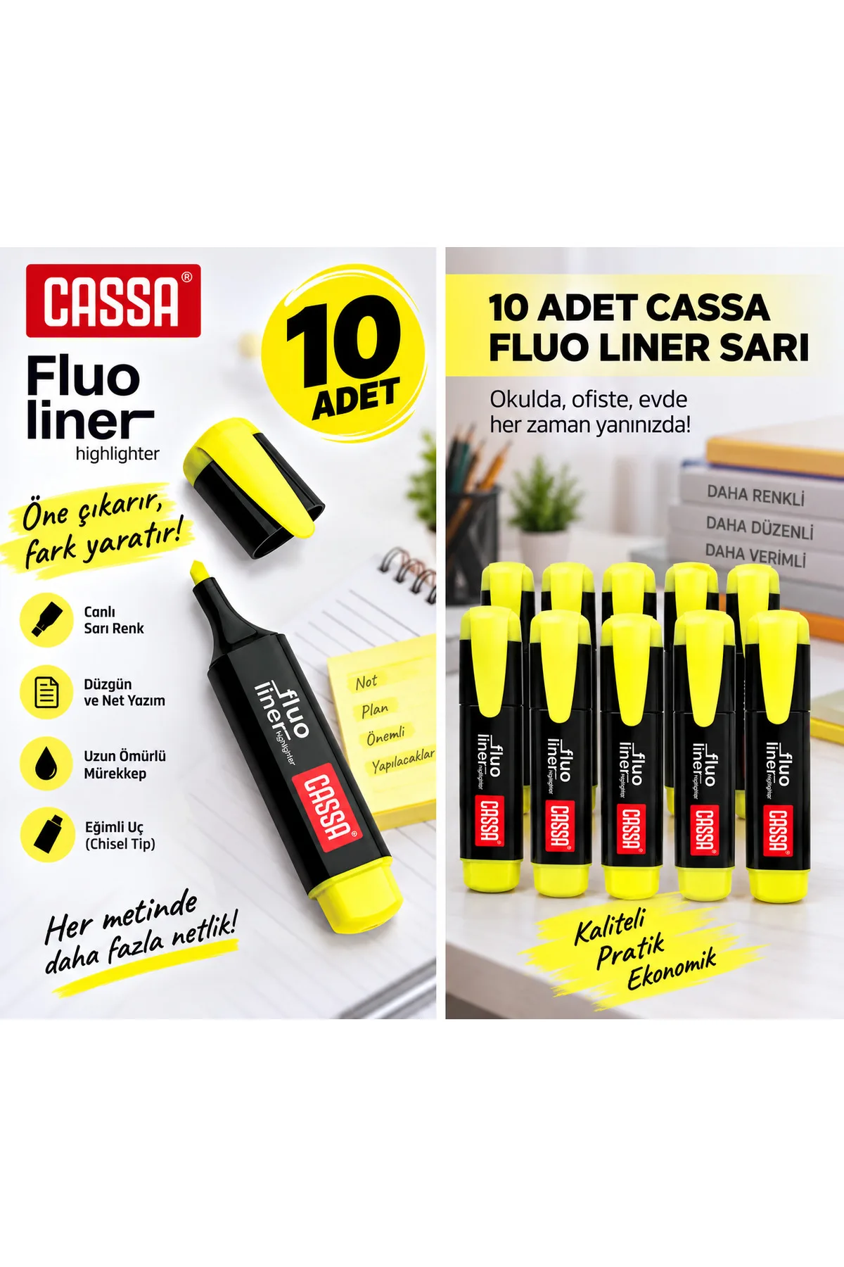 Cassa Fluo Liner Yellow Highlighter – Set of 10, Vivid Color