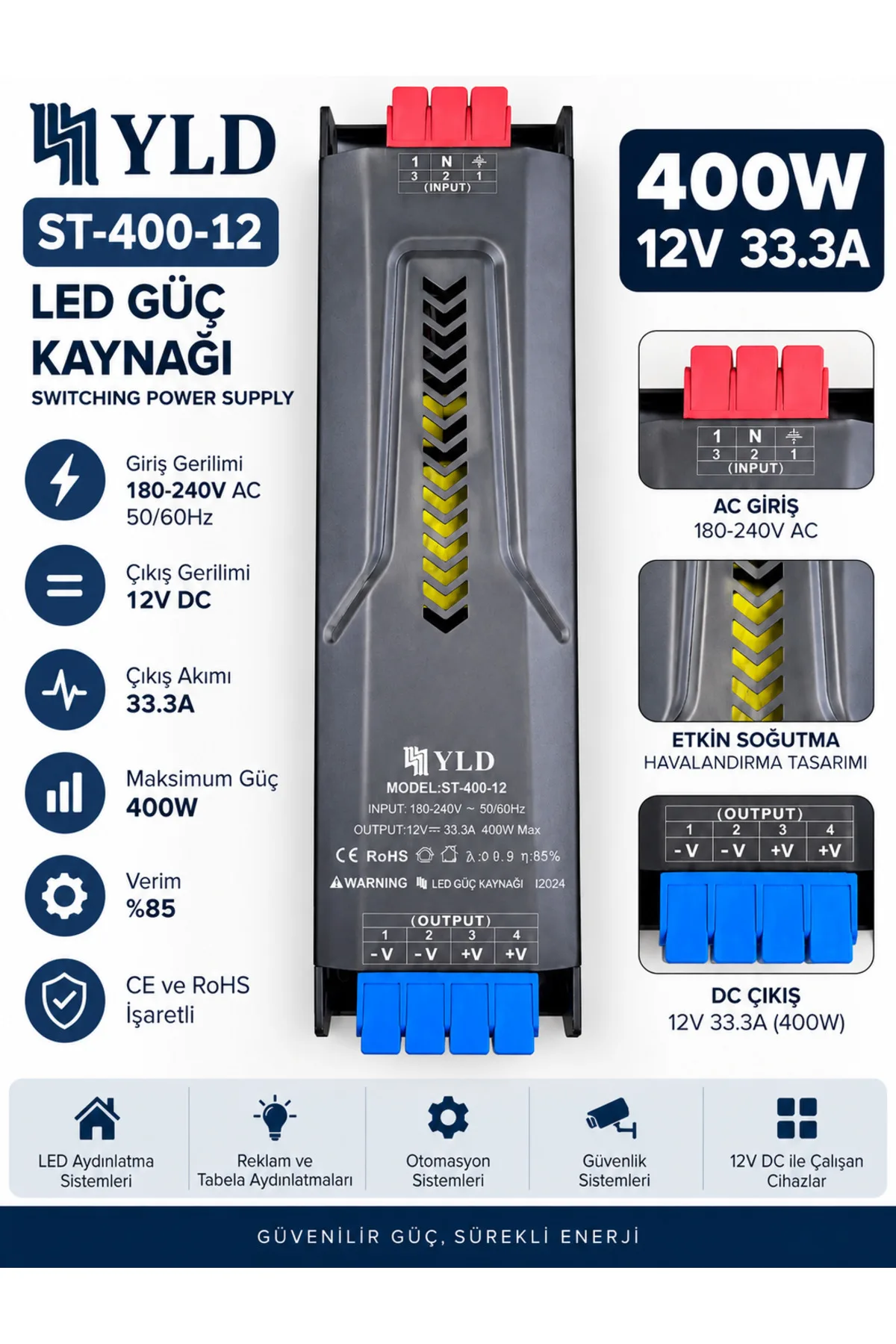 YLD ST-400-12 400W 12V 33.3A Slim LED Güç Kaynağı(LED TRAFO) – Switching Power Supply