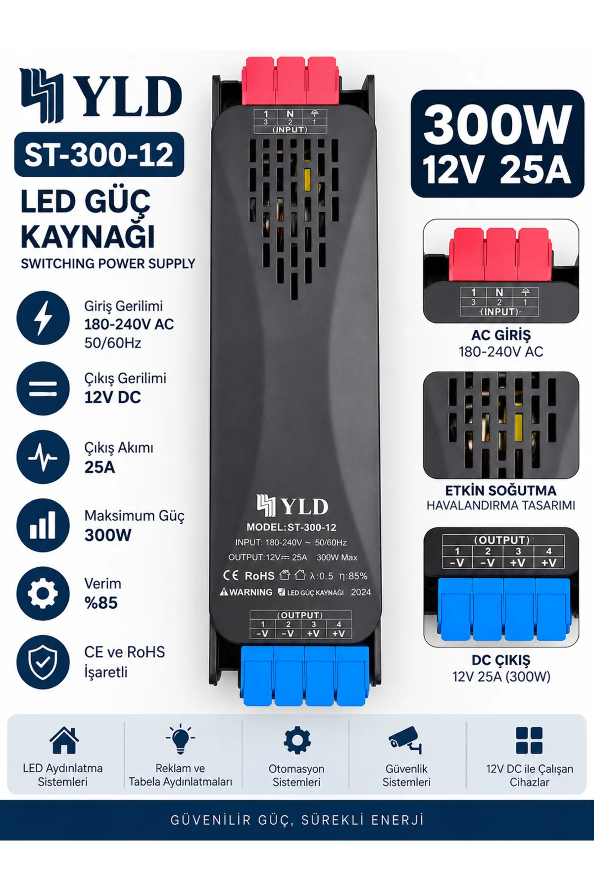 YLD ST-300-12 300W 12V 25A Slim LED Güç Kaynağı(LED TRAFO) – Switching Power Supply