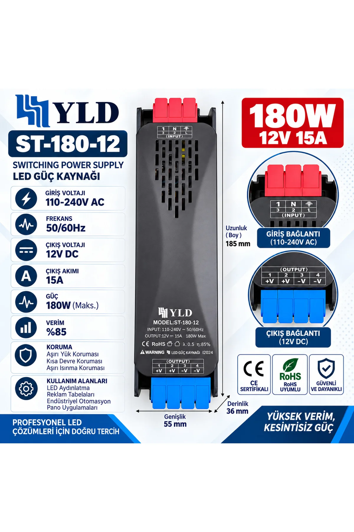YLD ST-180-12 180W 12V 15A Slim LED Güç Kaynağı (LED TRAFOSU) – Switching Power Supply