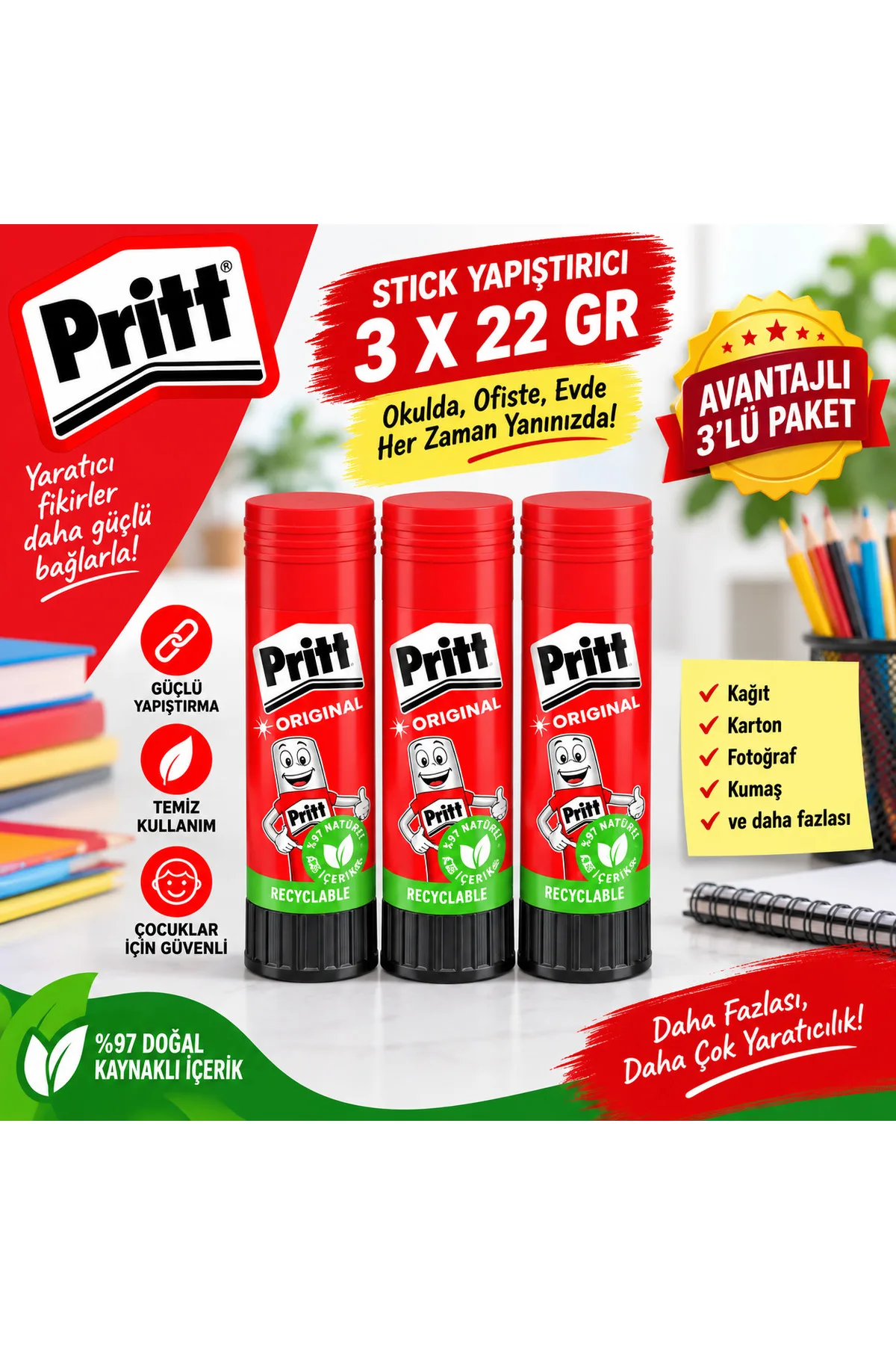 Pritt Original Stick Yapıştırıcı 22 Gr 3’lü Avantajlı Paket – Güçlü ve Kolay Yapıştırma