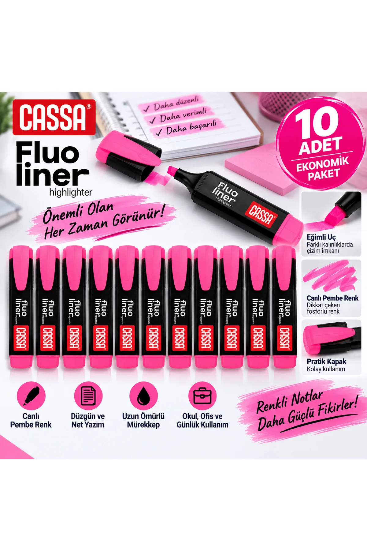 Cassa Fluo Liner Pink Highlighter – Set of 10, Vivid Color