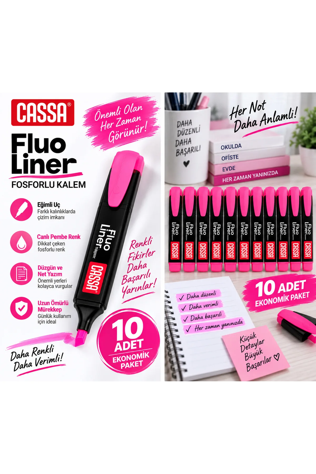 Cassa Fluo Liner Pink Highlighter – Set of 10, Vivid Color