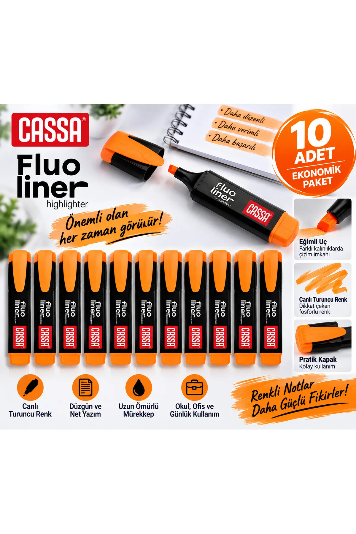 Cassa Fluo Liner Orange Highlighter – Set of 10, Vivid Color