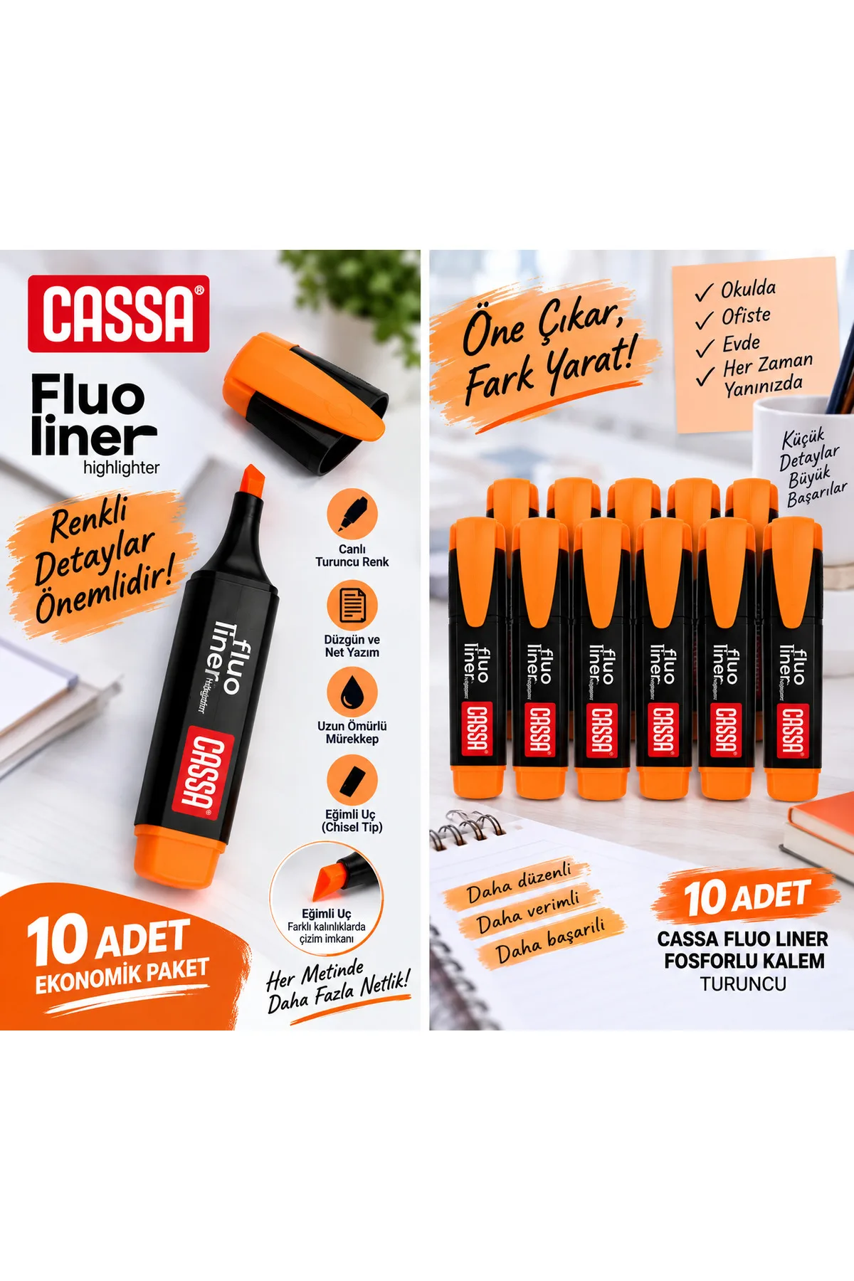 Cassa Fluo Liner Orange Highlighter – Set of 10, Vivid Color