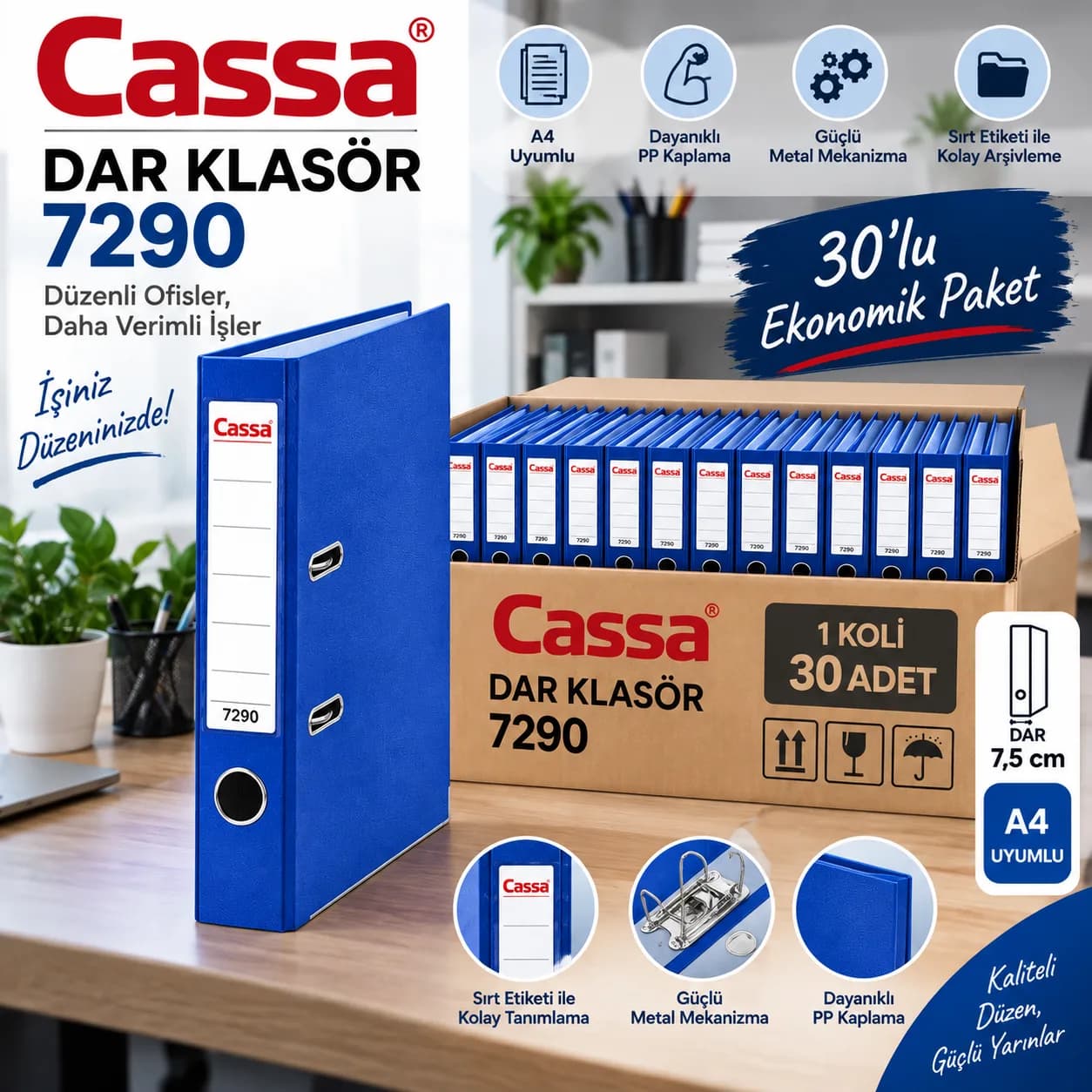 Cassa 7290 Dar Plastik Mavi Büro Klasörü A4 – 30 Adet Avantajlı Paket
