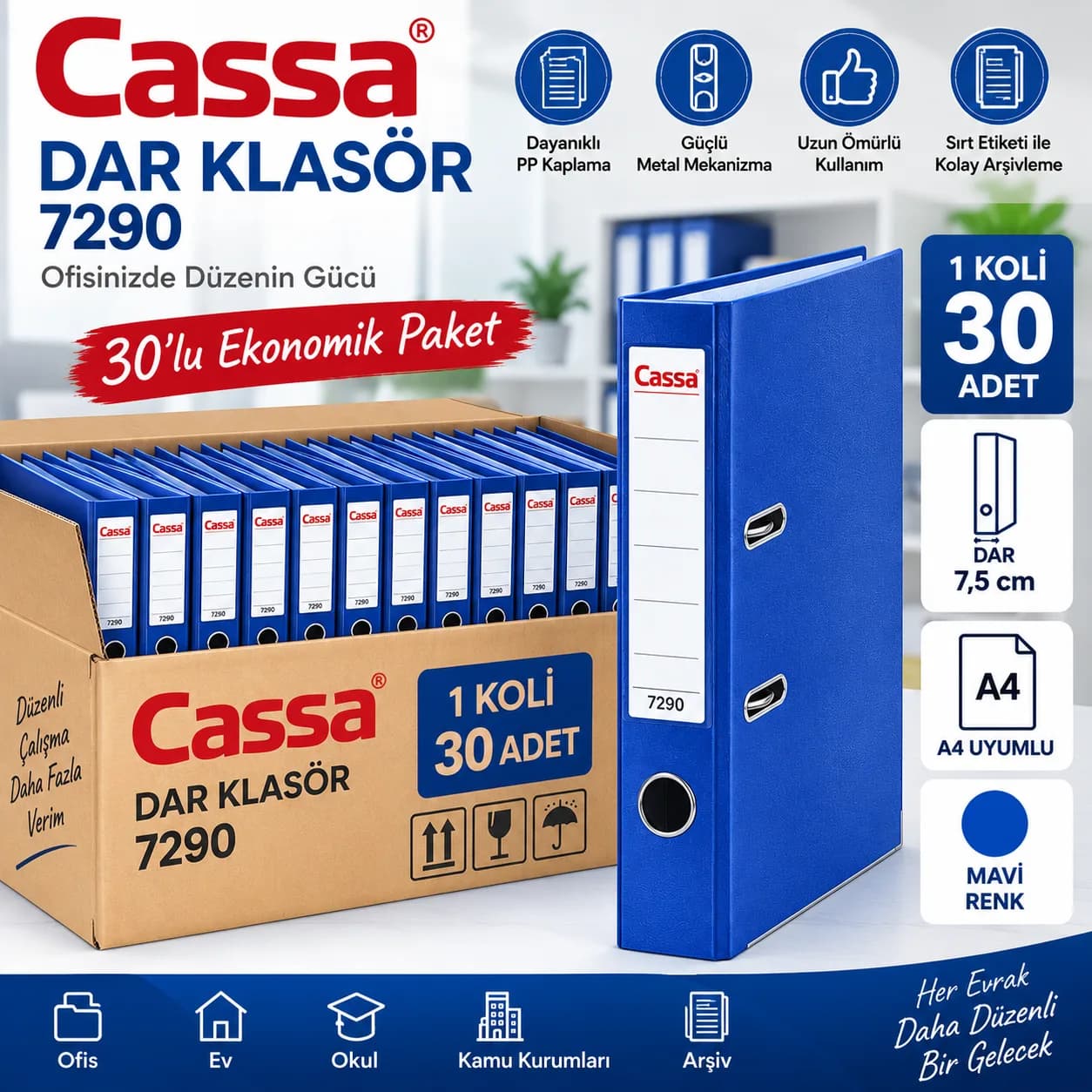 Cassa 7290 Dar Plastik Mavi Büro Klasörü A4 – 30 Adet Avantajlı Paket