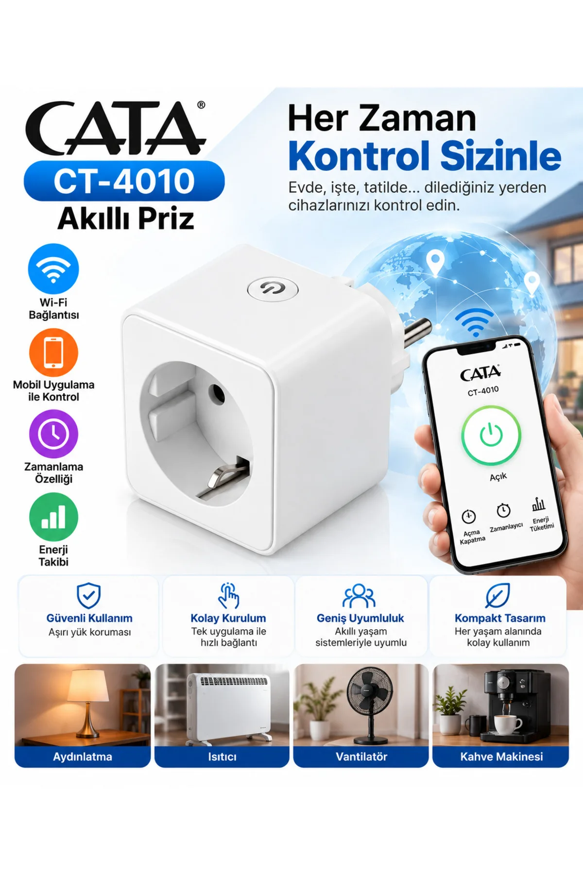 Cata CT-4010 Wi-Fi Akıllı Priz – Uzaktan Kontrol ve Zamanlayıcı