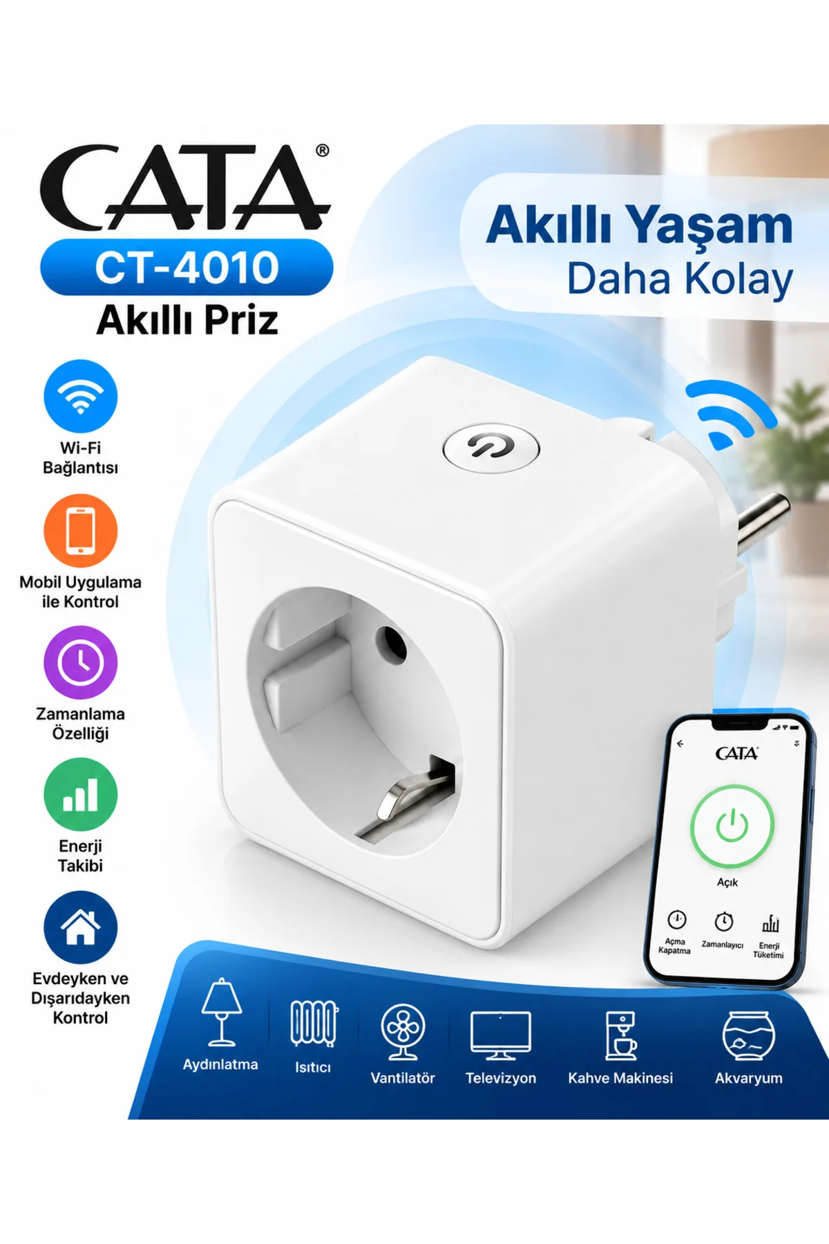 Cata CT-4010 Wi-Fi Akıllı Priz – Uzaktan Kontrol ve Zamanlayıcı