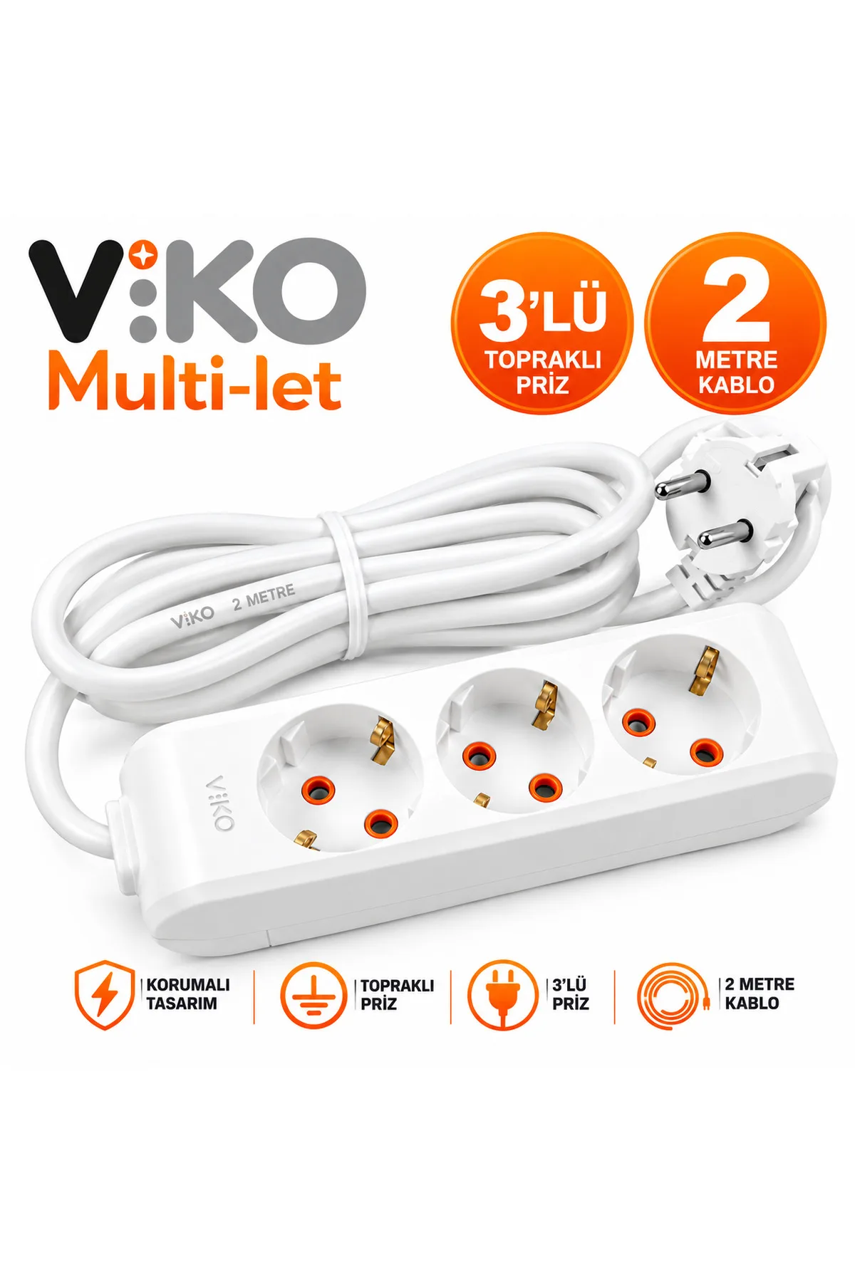 Viko Multi-Let 3'lü Topraklı Korumalı Grup Priz 2 Metre Uzatma Kablolu