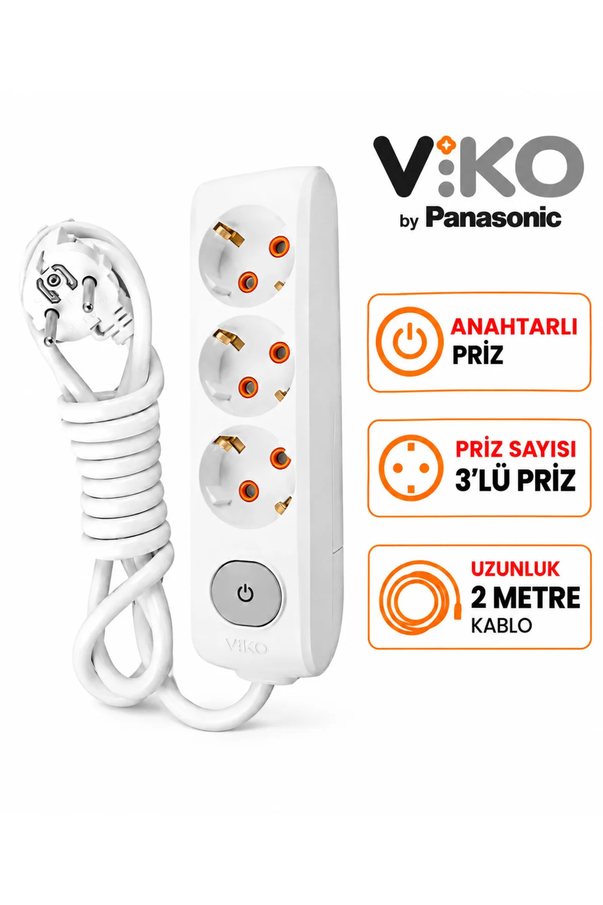 Viko Multi-Let 3'lü Anahtarlı Topraklı Grup Priz 2 Metre Uzatma Kablolu Beyaz