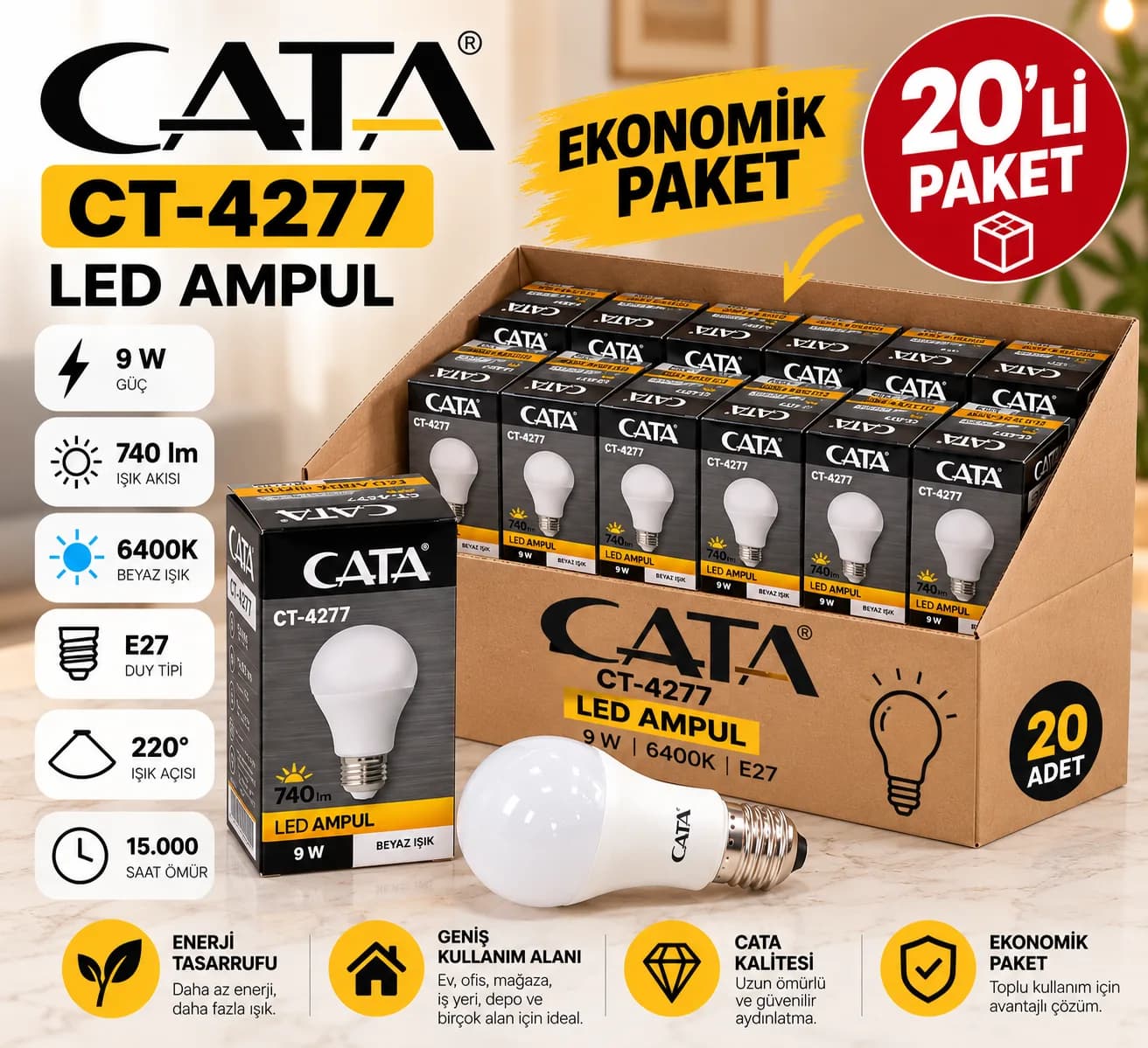 CATA CT-4277 9W E27 LED Ampul 6400K Beyaz Işık 740 Lümen – 20’li Ekonomik Paket