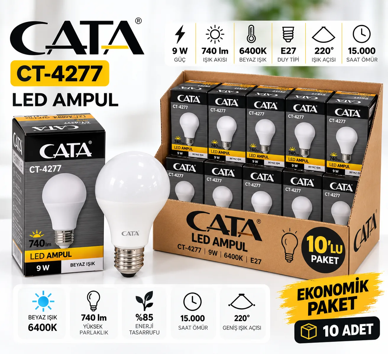 CATA CT-4277 9W E27 LED Ampul 6400K Beyaz Işık 740 Lümen – 10’li Ekonomik Paket